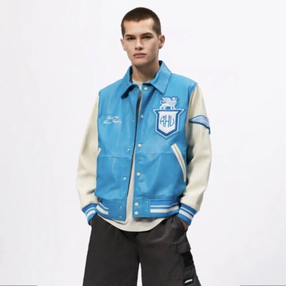 Zara X Rhuigi Leather Varsity Bomber Jacket Blue White NWT - Picture 6 of 13